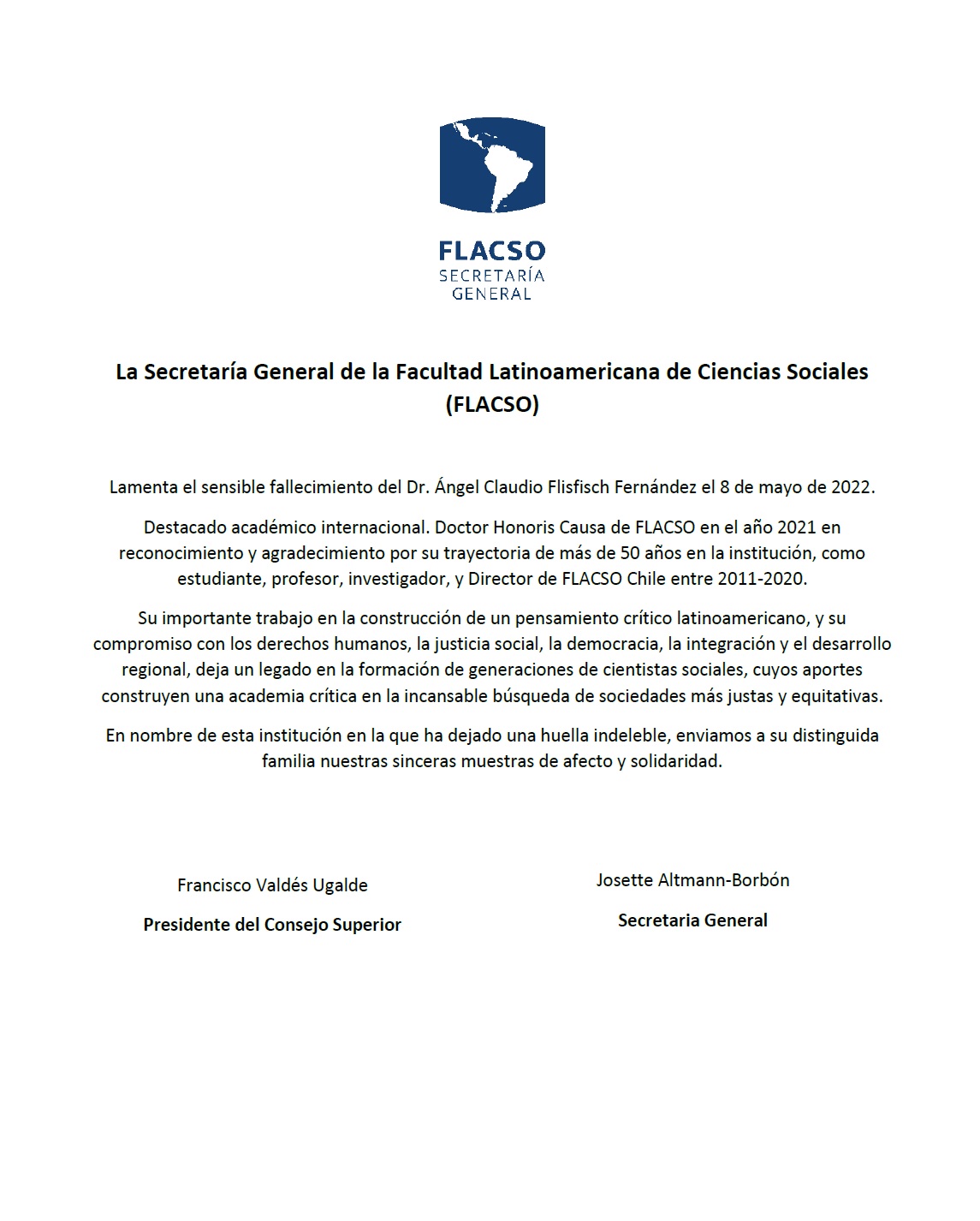 Lamentamos el sensible fallecimiento del Dr. Ángel Claudio Flisfisch Fernández 